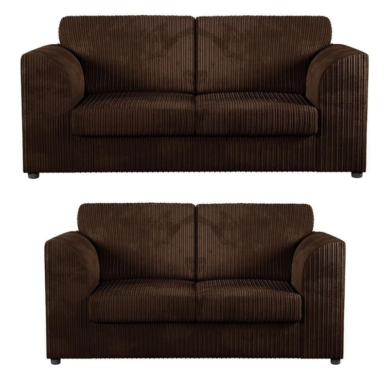 Soft Fabric Jumbo Cord 3 and 2 Seater Upholstered High Back Cushion Living Room Sets, Brown