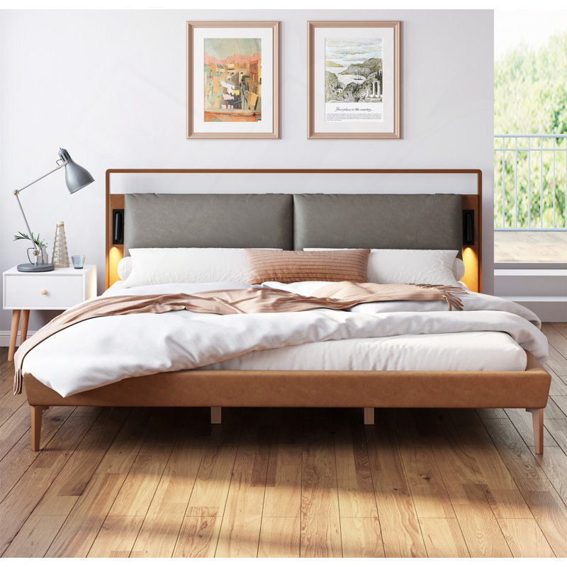 Bed, Leather Bed With 2Pcs Night Lights