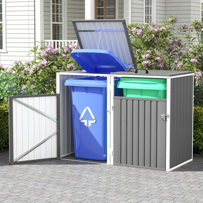 54 Cu. Ft. Heavy-Duty Metal Trash Can Shed, Double Bin Storage With Pneumatic Rods & Chain Linkage, Waterproof Outdoor Garbage Bin Cabinet For Yard/Garden/Patio (Dark Gray)