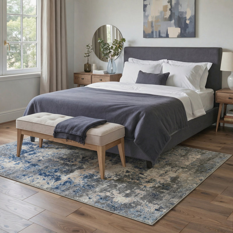 Modern Abstract Machine Washable Navy Blue/Charcoal Grey/Beige Indoor Area Rug with Non-Slip Backing, Rectangle 6' x 9'