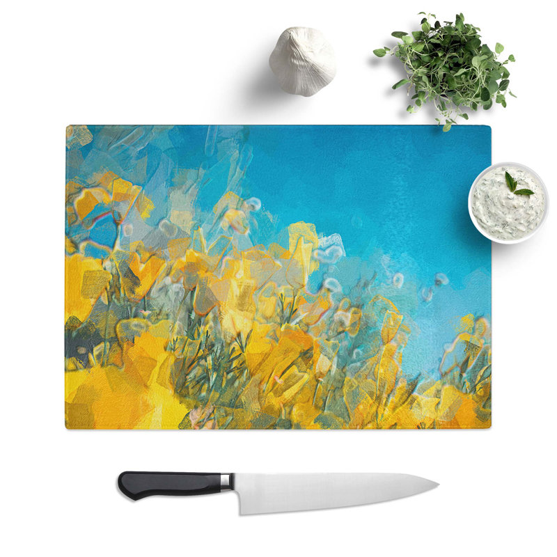 Tempered Glass Yellow Blooming Flowers in Abstract Chopping Board, 28.5 cm W x 20 cm L