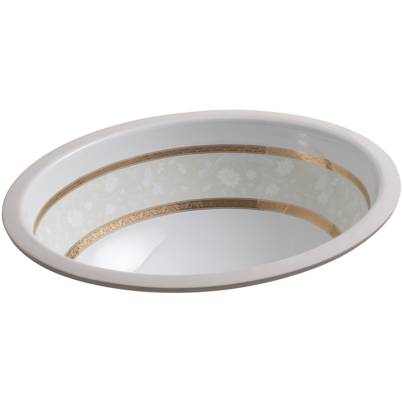 Ceramic Oval Undermount Bathroom Sink, White, Gold