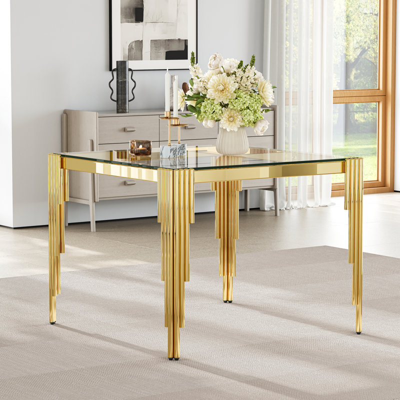 37”Modern Square Glass Dining Table With Stainless Steel Legs For Home Office, Kitchen, Living Room, Clear, Gold