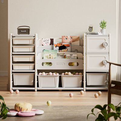 Kids Toy Storage Organizer 8 Storage Cabinet Removable Toy Bins, 4-Tier Book Organizers Storage And 2 Cabinet Storage, Kids Bookshelf And Toy Storage