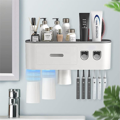 Toothbrush Holders Wall Mounted, Toothbrush Holder With Automatic Toothpaste Dispensers, 6 Brush Slots, 3 Magnetic Cups,1 Cosmetic Drawer Organizer An -  Rebrilliant, F31FF0A592E64D69BFF73FDCA19DCE16