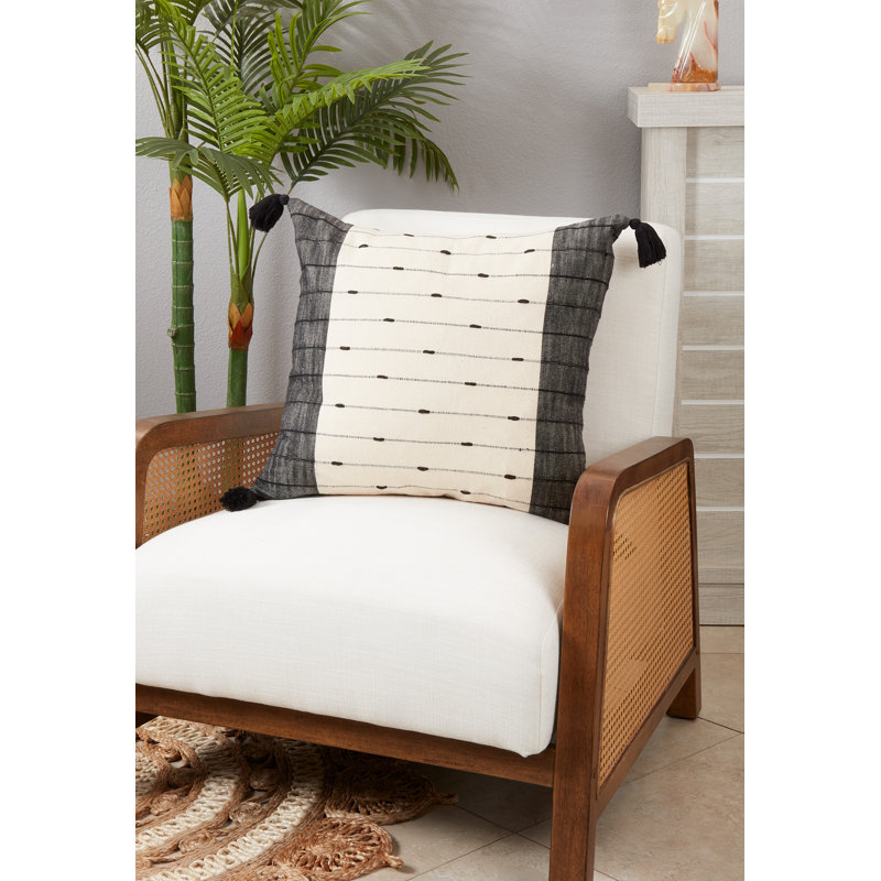 20" Black and White Striped Cotton Throw Pillow with Tassels