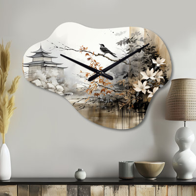 Asian Art Sumi Bird Serenity I - Art asiatique, horloges murales asymétriques en métal, impression d'horloge murale nuage beige