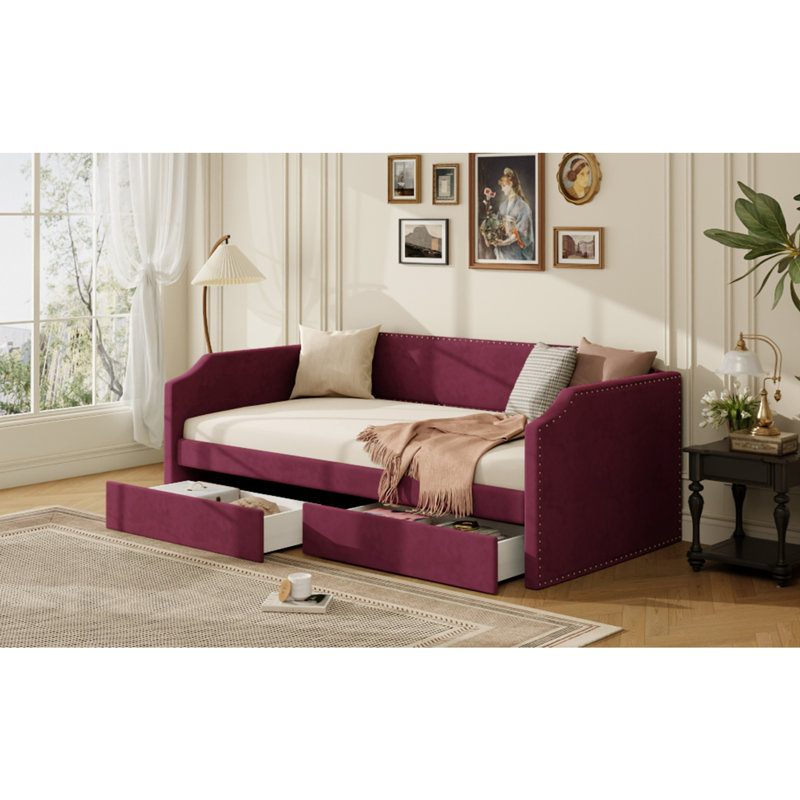 Lit de jour simple en velours rembourré avec 2 tiroirs, WINE RED