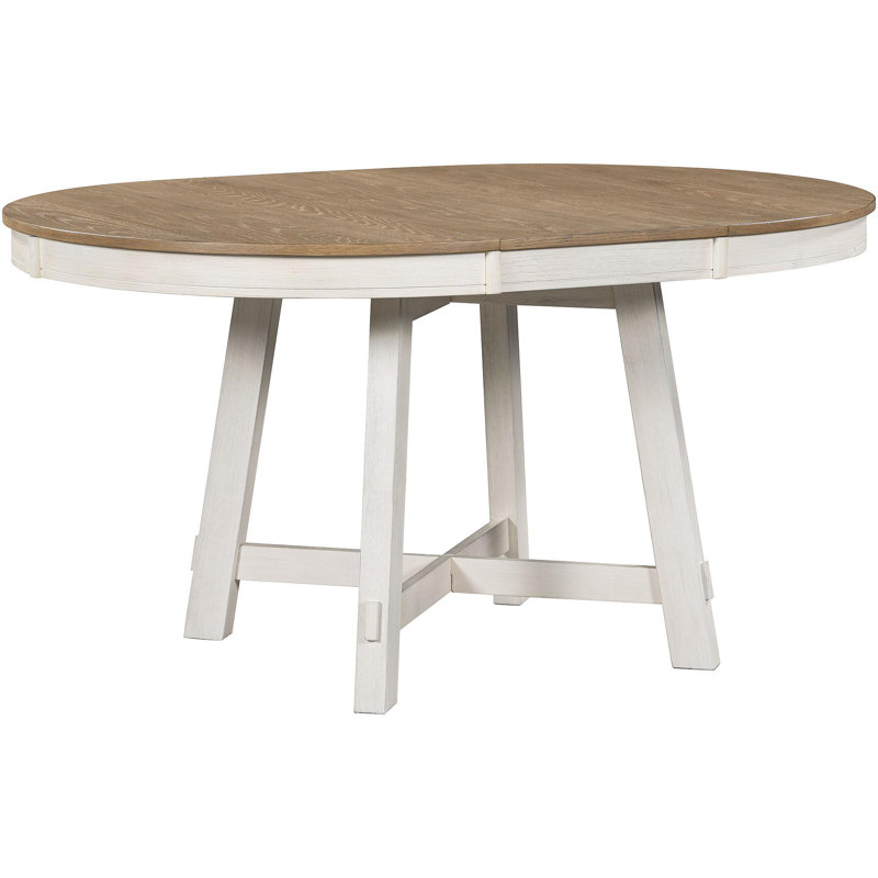 Farmhouse Round Extendable Dining Table With 16" Leaf Wood Kitchen Table (Oak Natural Wood + Antique White), Oak Natural Wood