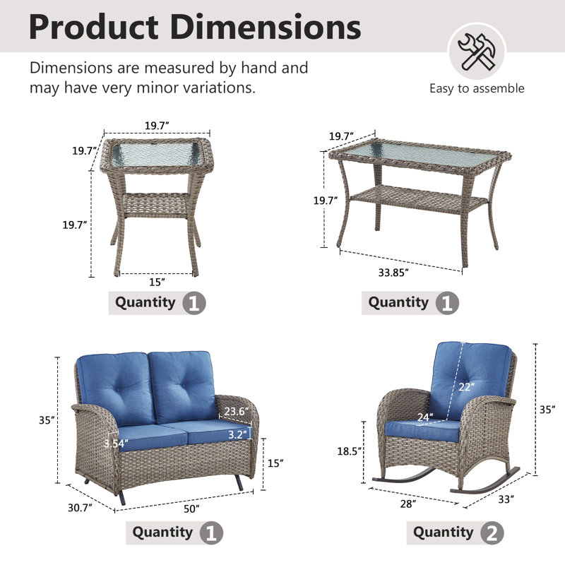 Cet ensemble de conversation d'extérieur fabriqué à la main 5 pièces confère à votre porche ou à votre patio un charme intemporel et une élégance naturelle. L'ensemble comprend une causeuse coulissante, 2 fauteuils à bascule classiques, une table d'appoint et une table basse, en osier de polyéthylène tissé à la main jumelé à une courbure