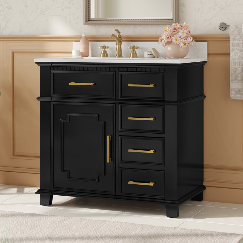 Meuble-lavabo simple 36 po avec plateau en marbre Keira, Noir / or brossé