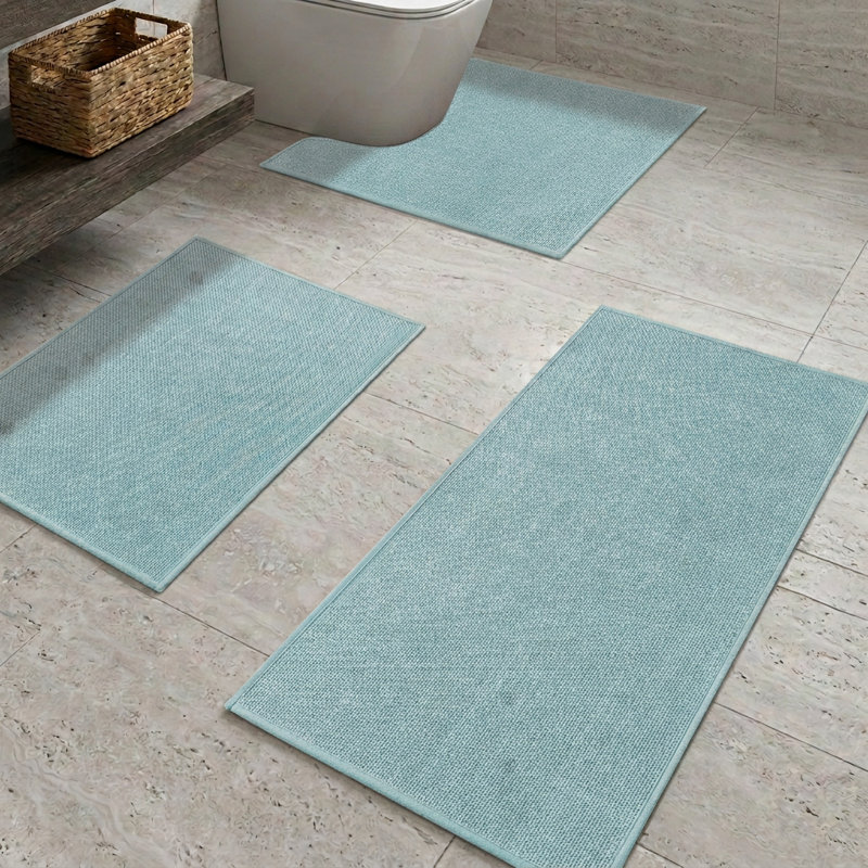 Ensemble de tapis de bain 3 pièces à aspect lin texturé avec envers antidérapant, Bleu