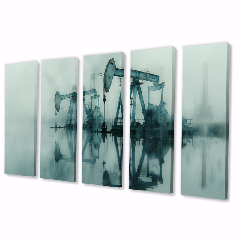 «Gray Petrochemical Winter Texas Oil Rigs», ensemble d'art mural, H 28 po x l 60 po