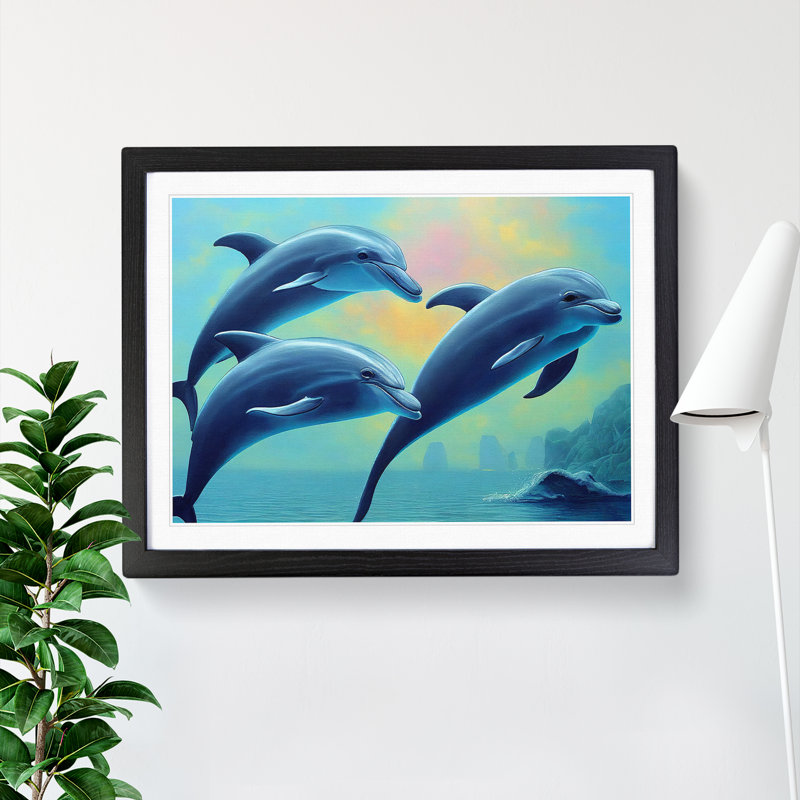 XH1022-9225X Trio Of Dolphins - Single Picture Frame Painting, Black, 46cm H x 64cm W x 2cm D