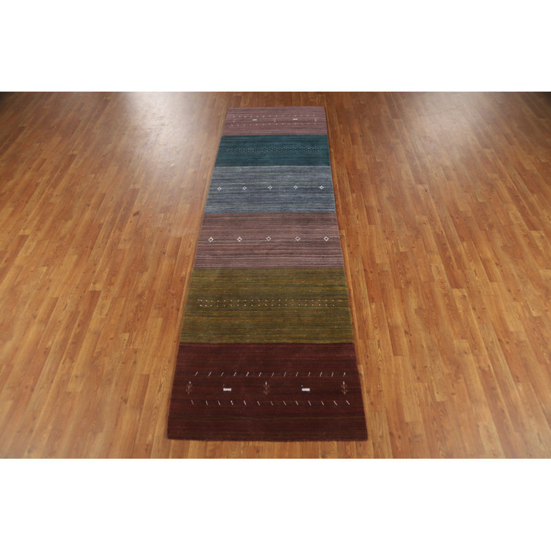 Tapis de couloir indien rayé à la main de style Gabbeh 3 x 10