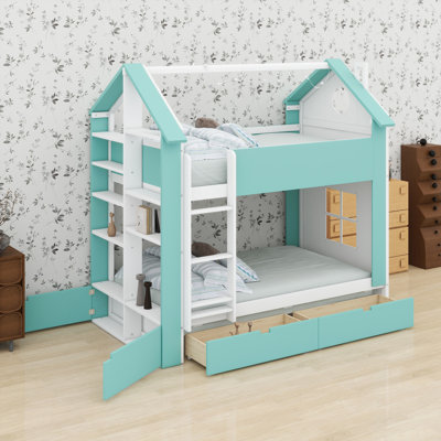 Lit de maison moderne avec tiroirs de rangement, tablettes et conception compacte
