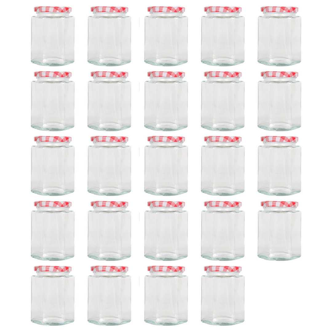 Argon Tableware 250ml Hexagonal Glass Jam Jars with Red Gingham Lids - 24x Empty Screw Top Kitchen Food Honey Spice Chutney Preserving Canning Storage Jar Container Glasses Set - Image 3