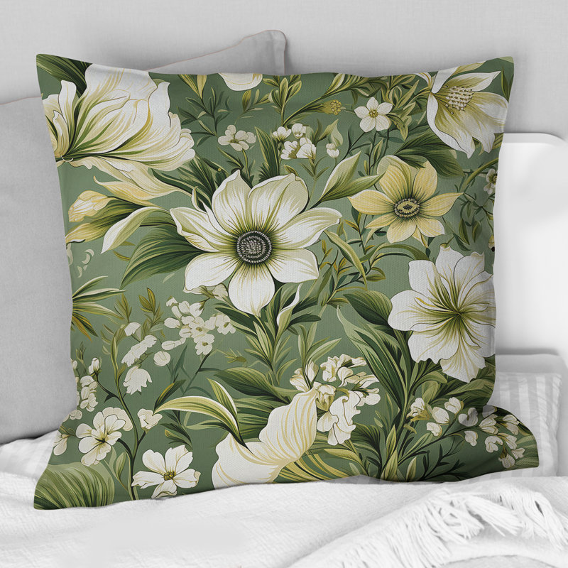 Green Floral Flourishes Elegance I - Floral Printed Throw Pillow, 18" H x 18" W