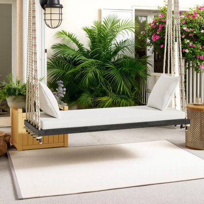 Patio Wooden Swing Chair, Hanging Porch Swing Bench with Cushion&Pillows