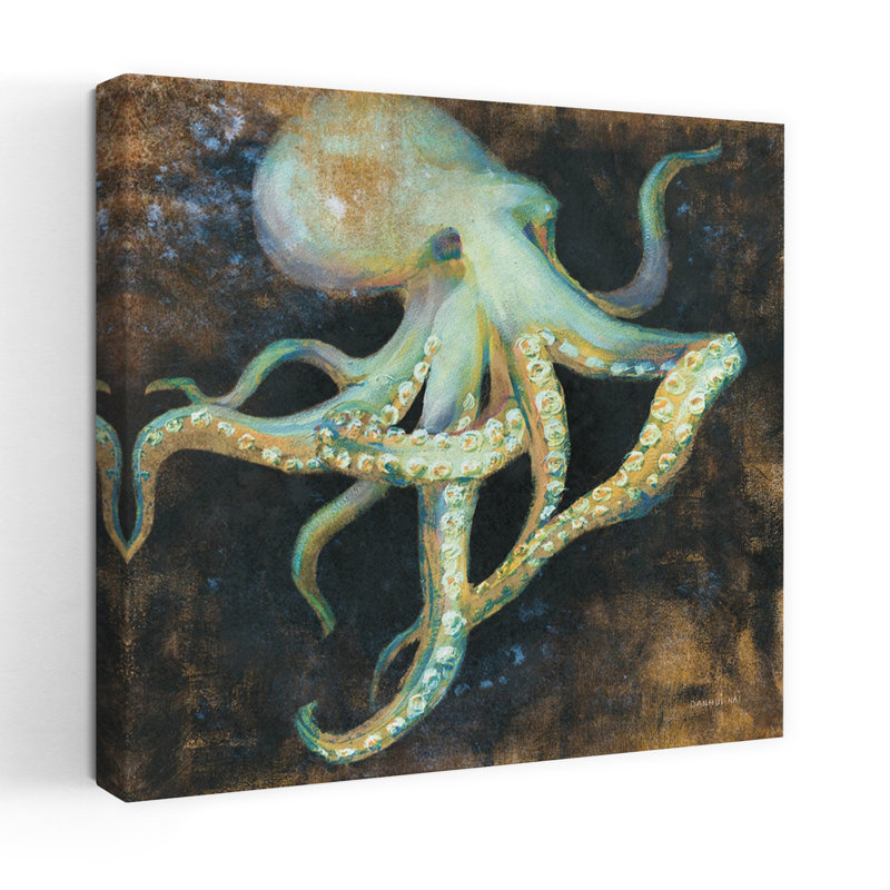 Art contemporain pieuvre de mer sur fond noir avec animaux, H 24 po x l 24 po