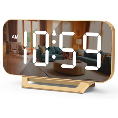 Ultra-Thin Digital Mirror-Style Alarm Clock, Suitable For Bedroom And Desk Decoration - Plug-In Large LED Modern Small Alarm Clock, Suitable For Office And Living Room, With Battery Backup, 6 Brightness Settings (Gold)