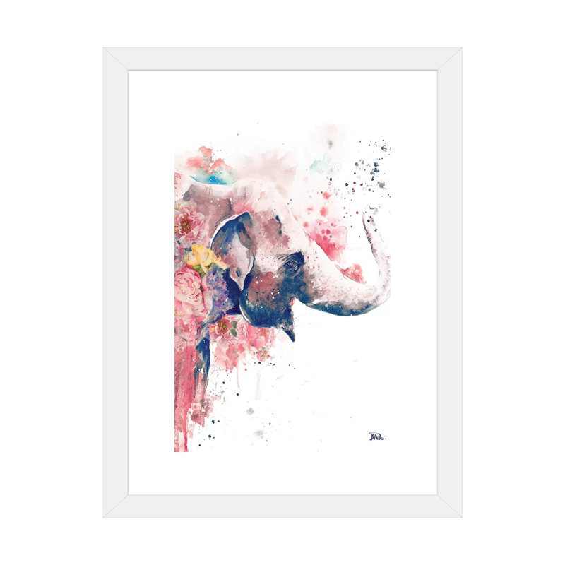 "Floral Water Elephant" par Patricia Pinto, reproduction d’art, Papier encadré blanc, Blanc, H 24 po x l 16 po x P 1 po