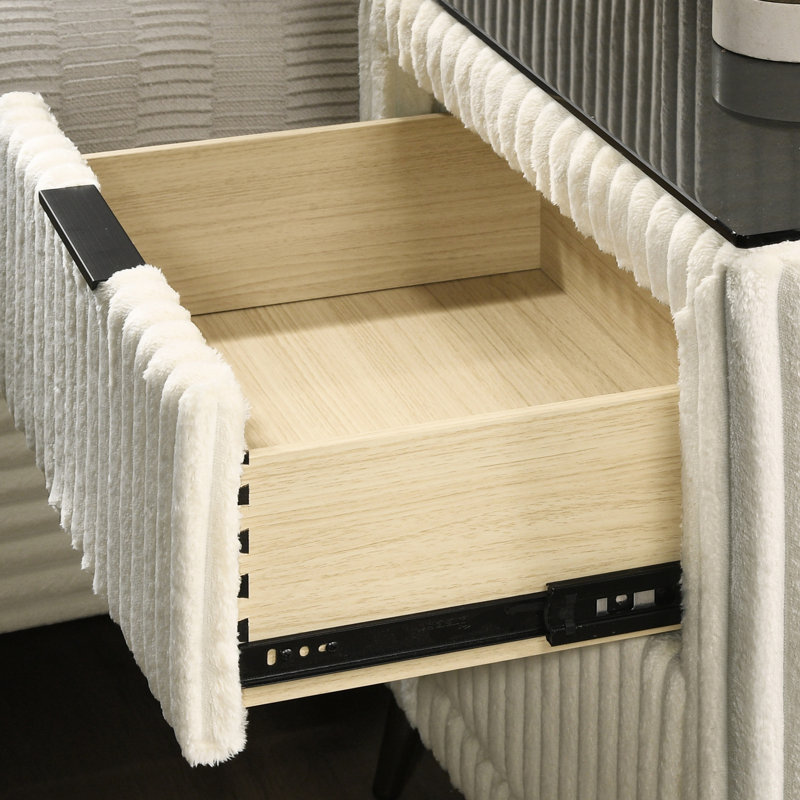 Table de chevet large en velours côtelé de couleur crème - Rangement moderne de 2 chambres avec détails pratiques et luxueux