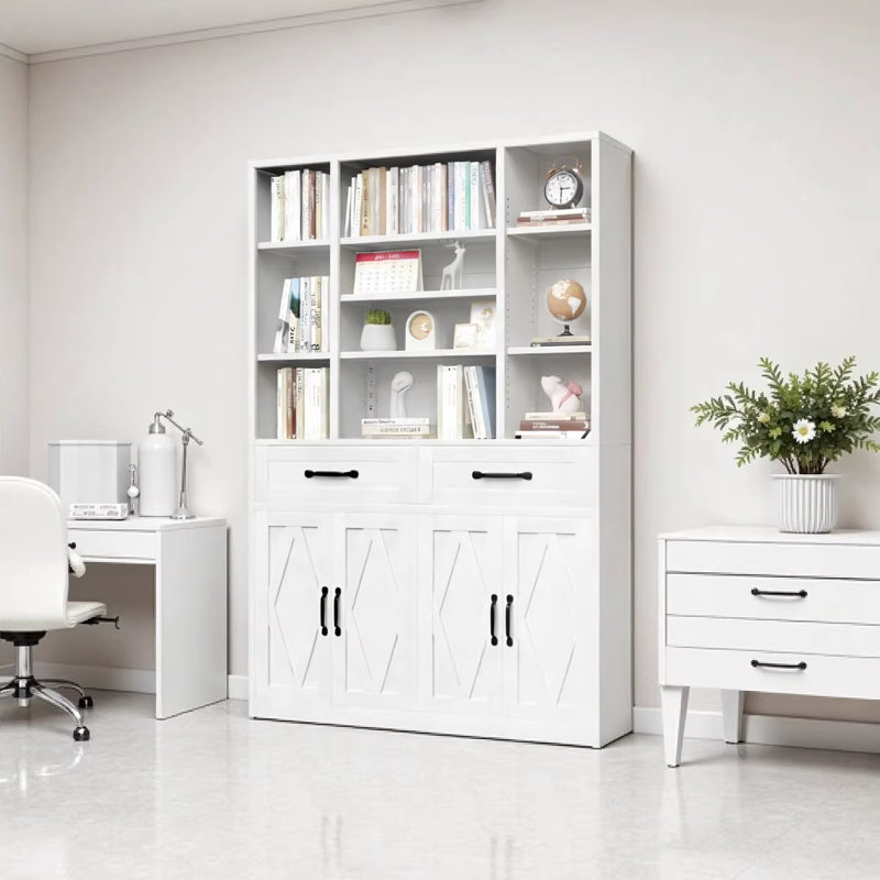 Bibliothèque industrielle de 71 pouces de hauteur avec portes, tiroirs et tablettes réglables - Armoire de rangement blanche pour le bureau à domicile