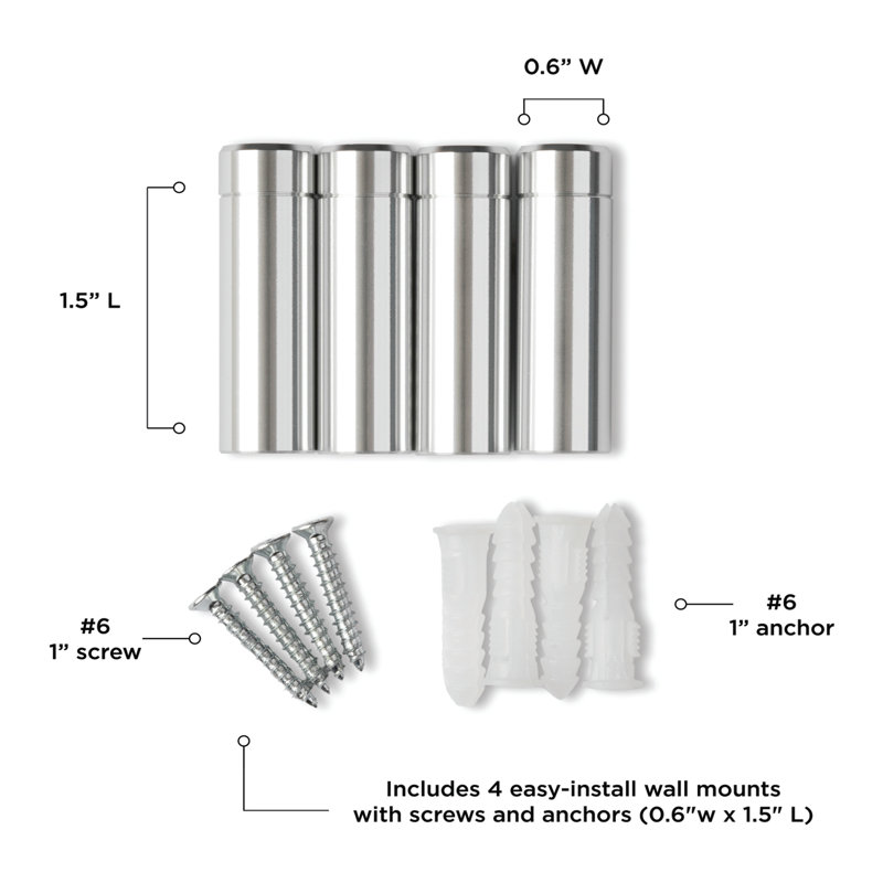 Wexel Art 1-Inch Standard Wall Mounts Grade Acrylic Floating Frames, Silver (Pack Of 4), 0.625" H x 0.625" W x 1.5" D, Silver