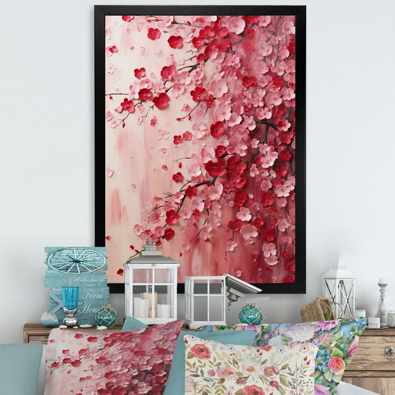 Cerisier rose en fleur 4 - Art mural cerise, Cadre simple noir, H 32 po x l 16 po x P 1 po
