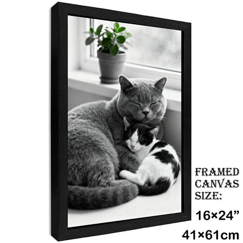 Reproduction d'art encadré noir avec chats rétro blottis ensemble dans une ambiance chaleureuse, H 25 po x l 17 po