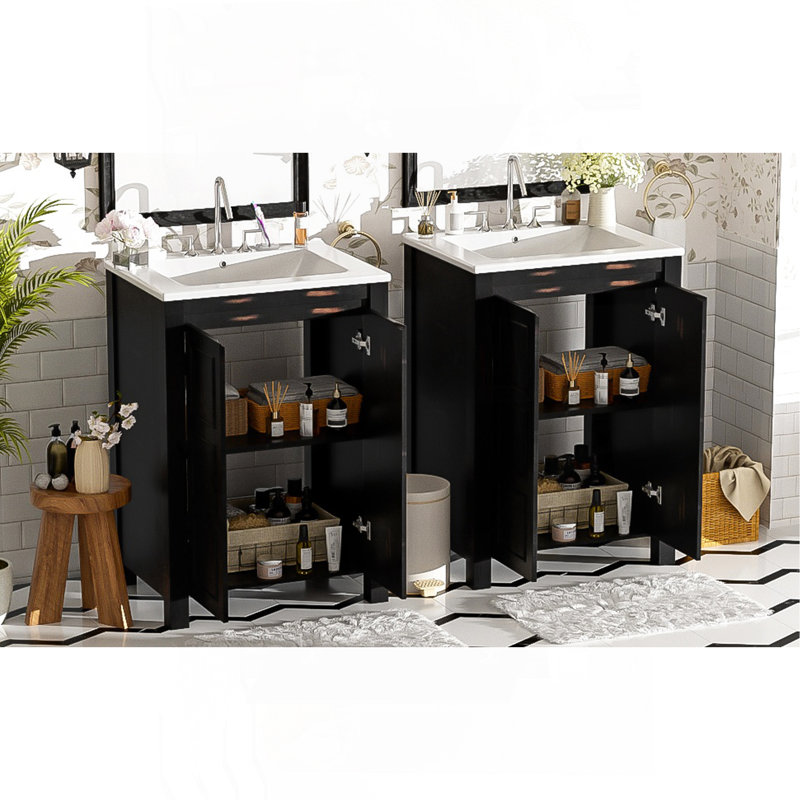 Ensemble de meuble-lavabo 48 po avec lavabos doubles (séparés), lavabos doubles en céramique, tablette de rangement et portes à fermeture en douceur 48 po