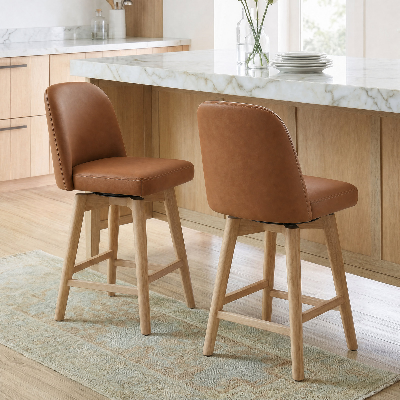 Upholstered Swivel Counter Stool, Aline Butternut Genuine Leather