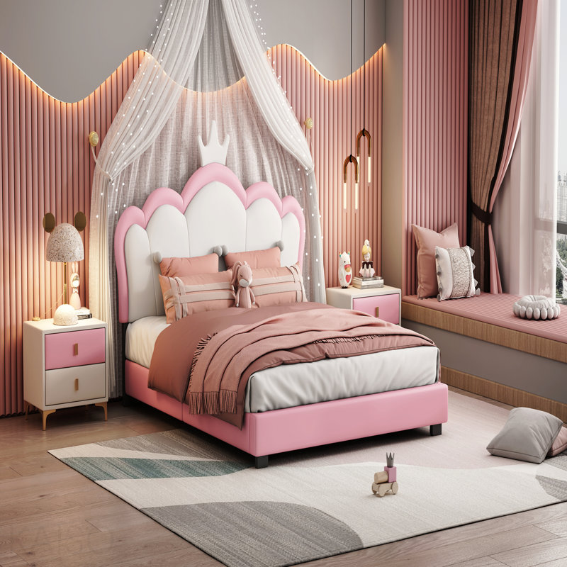 Lit double tapissier princesse pleine grandeur avec tête de lit couronne, lit plateforme double avec tête de lit et pied de lit, crème et rose