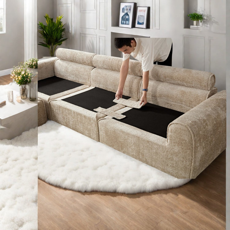 Canapé d'angle surdimensionné avec rangement, canapé moderne en bouclette camel pour la maison, Tanné