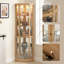 Vitrine de coin lumineuse, vitrine en verre avec tablettes réglables, finition chêne clair