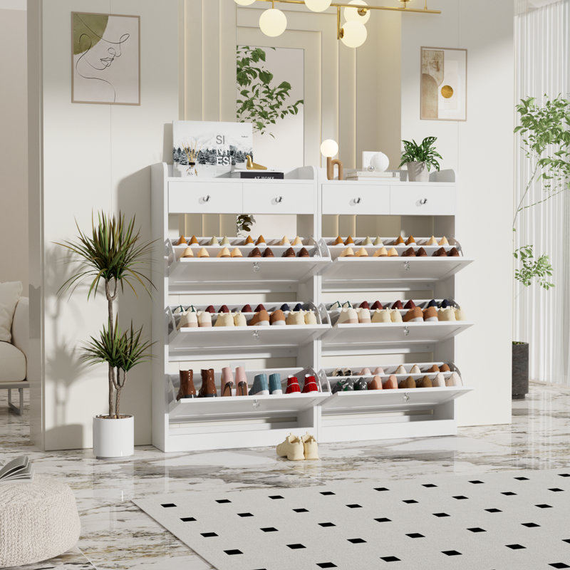 Armoire de rangement pour chaussures avec 3 tiroirs rabattables, étagère à chaussures étroite avec poignées en diamant pour entrée, couloir, salon, blanc (ensemble de 2)