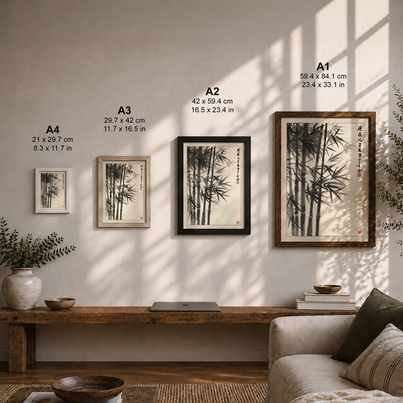 Bamboo in Ink Japandi - Framed Print, Black, A4 - 29.7 x 21.0 cm