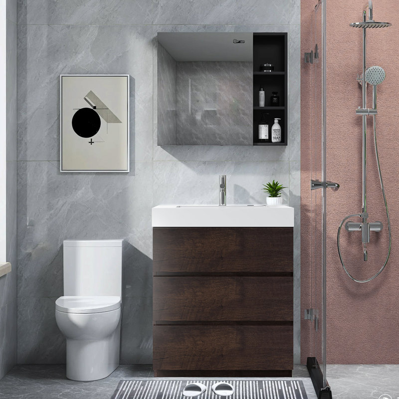 Ensemble de meuble-lavabo simple 30 po avec plateau Eilon, Blanc, Noyer