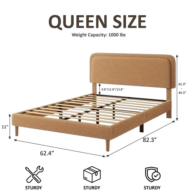 Lit plateforme tapissier avec tête de lit réglable en hauteur, Queen, Brown