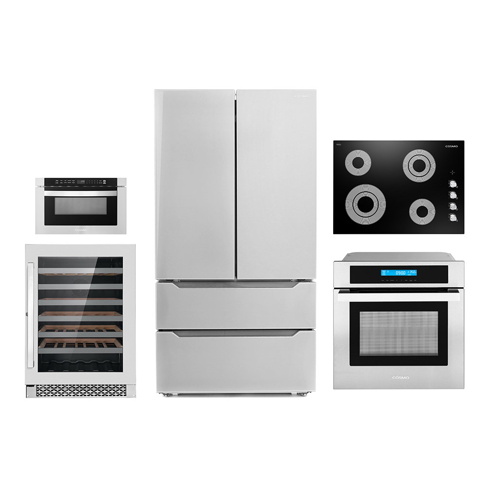 Cosmo 5 Piece Kitchen Appliance Package with French Door Refrigerator , 30'' Electric Cooktop , Wall Oven , Microwave Drawer , and Wine Refrigerator Cosmo