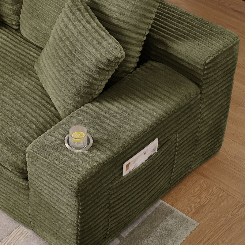 98.4" Upholstered Modular Sofa Corduroy Compression Sofa & Chaise with Cupholders and Side Pockets - No Assembly Required