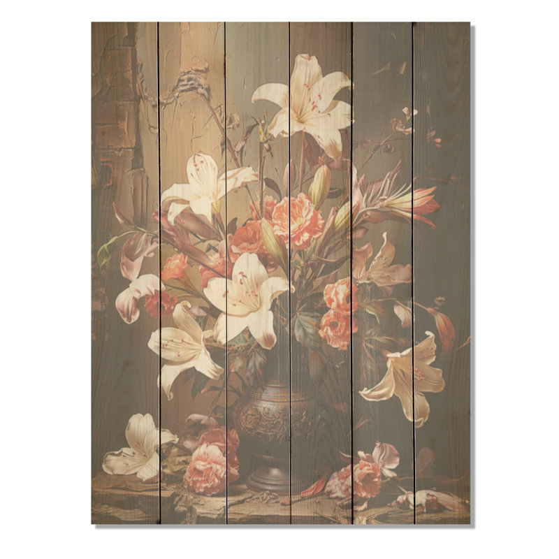 Fleurs brunes rétro nature morte - Art mural en bois sur bois de pin naturel, H 20 po x l 10 po