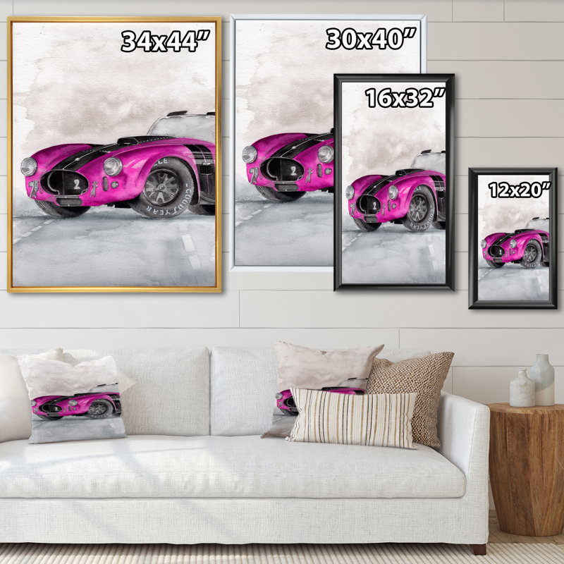 «Beautiful Old Magenta Car on Grey», peinture sur toile, H 32 po x l 24 po x P 1 po, Cadre flottant noir