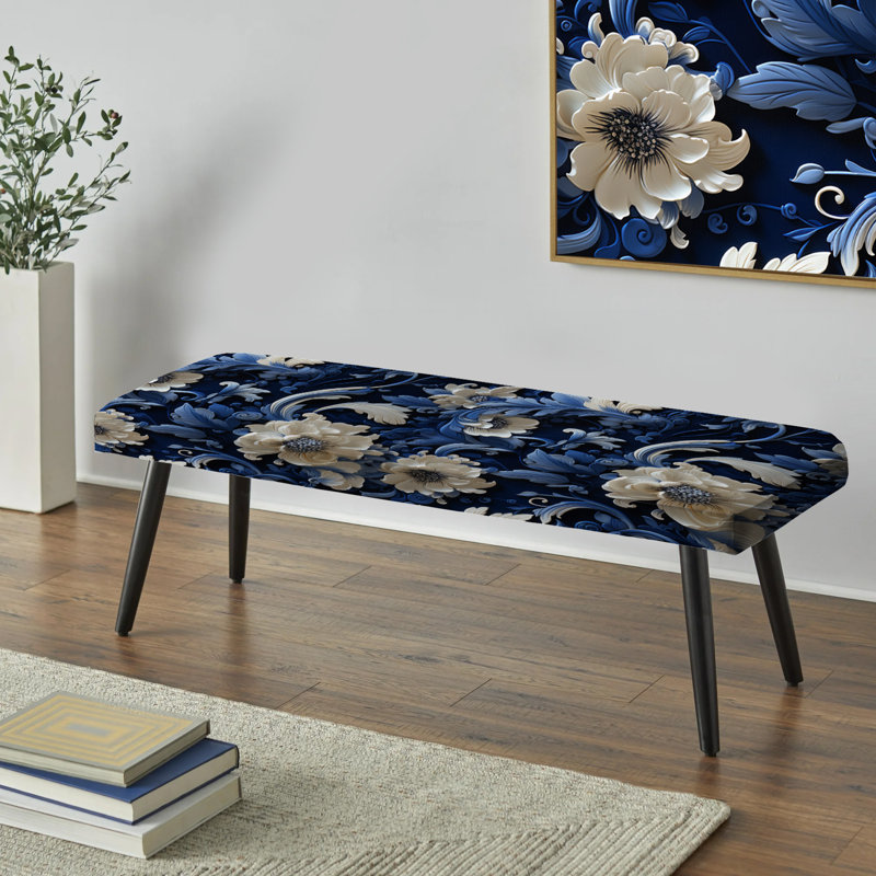 Banc rembourré noir, Cobalt Blue Lacework Scrolls Victorian Pattern