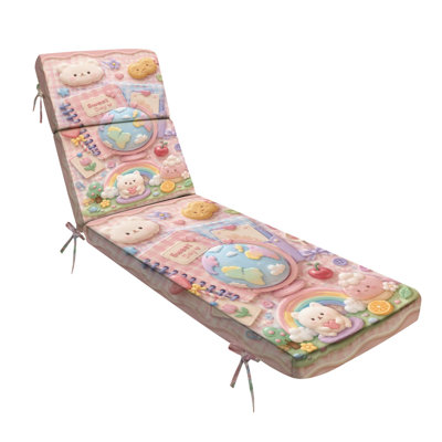  72.5"L×21"W×3"D (Seat) Indoor Outdoor 3" Thick Chaise Lounge Cushion Pastel Kawaii Globe Cute Animals Sweet Elements Pink Gingham, Water-Resistant Replacement Patio Furniture Seat Cushion