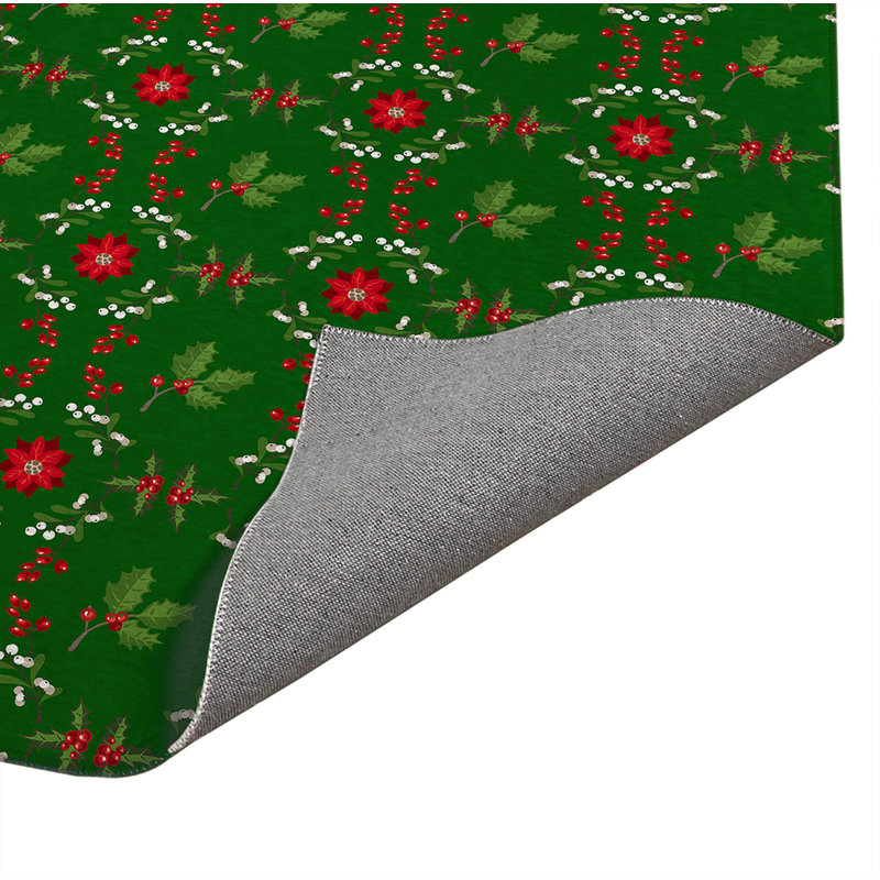 Botanical Poinsettia Low Profile Kitchen Mat, Rectangle 3' x 2', Green