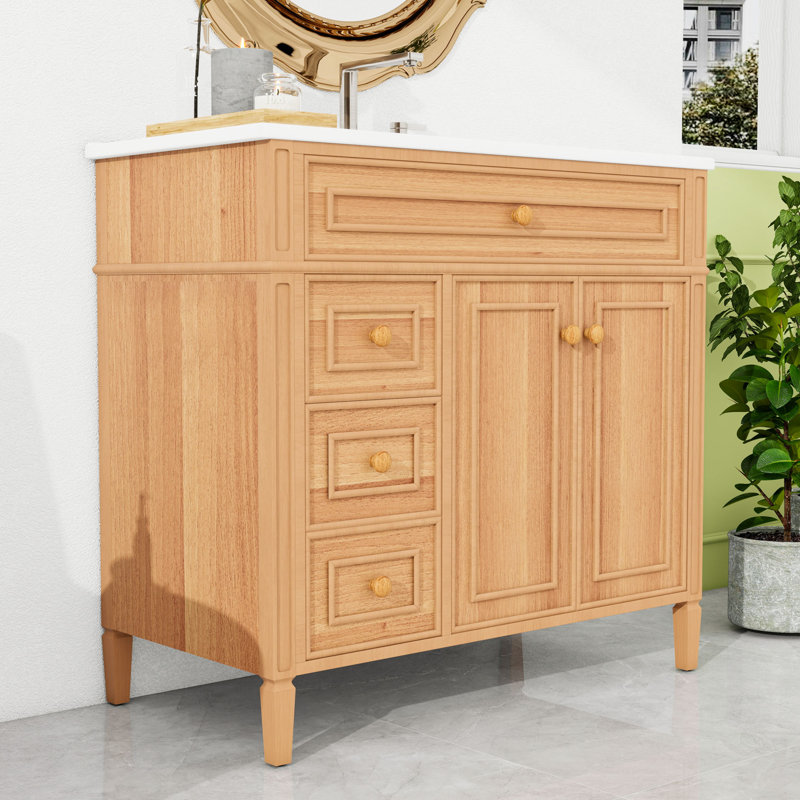 Meuble-lavabo de salle de bain avec lavabo en céramique, tiroir rabattable, portes à fermeture en douceur et tablettes réglables