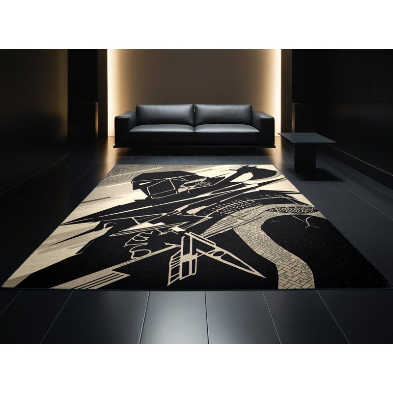 Tapis moelleux doux et moelleux à motif abstrait Berserker Warrior en noir - reliure noire, 7 x 10