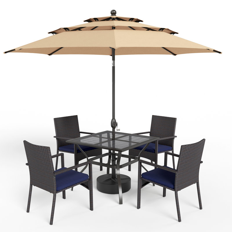 6 Pcs Patio Dining Set 4 Rattan Armchairs And Square Table With Umbrella, Beige